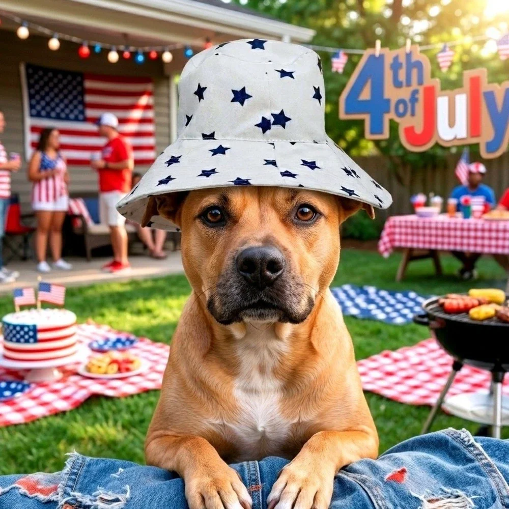 Top Paw Americana Dog Bucket Hat M/L White Blue‎ Stars 4th of July Pet Accessory